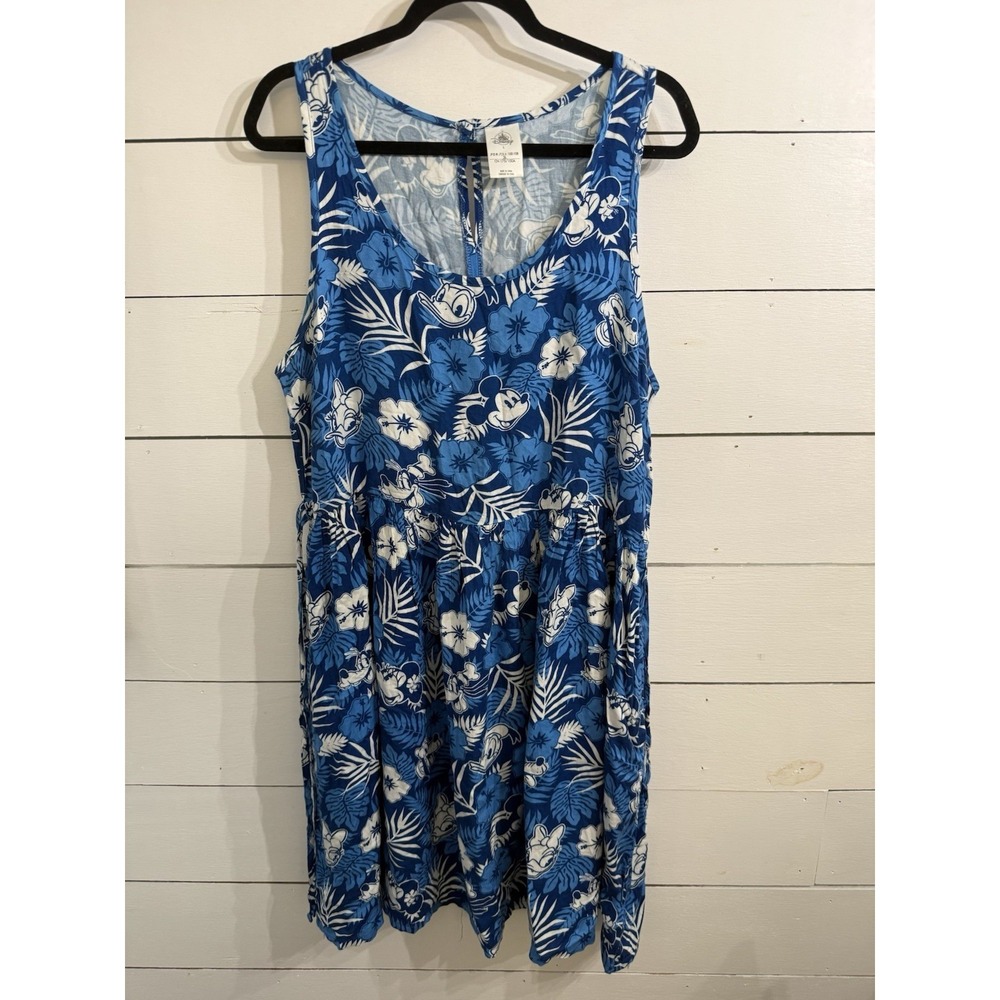 Disney Hawaiian Dress Blue White Women's Large Mickey Donald Tropical Floral